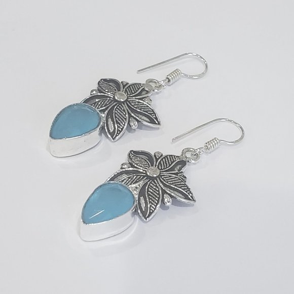 Hand Crafted Jewelry - Chalcedony earrings, blue chalcedony flower earrings, 925 chalcedony earrings
